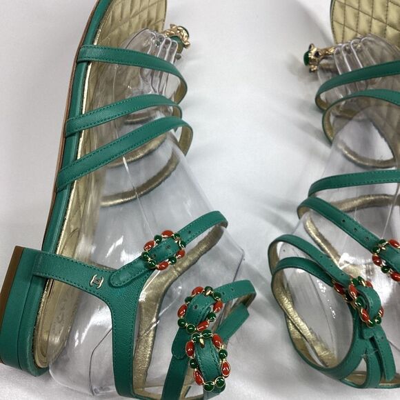 CHANEL Interlocking CC Logo Leather Gladiator Sandals Green Size EU 39.5 8.5US - Picture 9 of 17